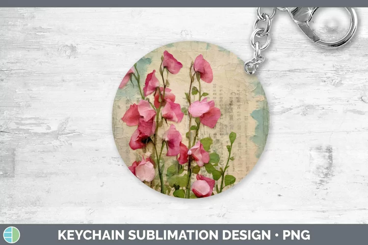 Vintage Decoupage Sweet Pea Keychain | Sublimation Keyring D
