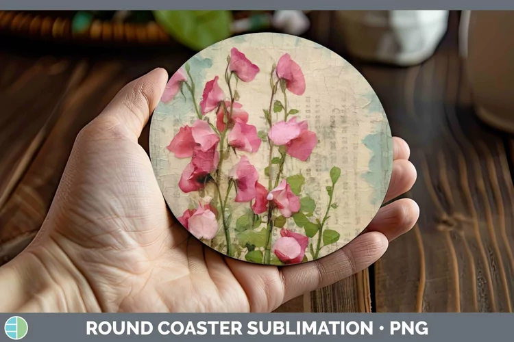 Vintage Decoupage Sweet Pea Round Coaster | Sublimation Coas