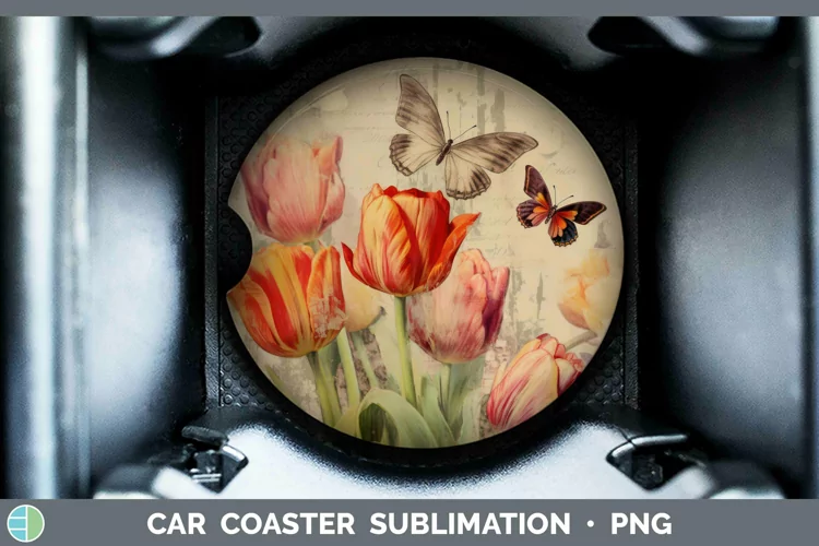 Vintage Decoupage Tulip Car Coaster Sublimation Coaster Desi