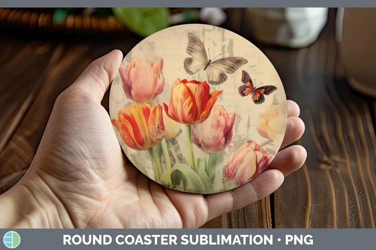 Vintage Decoupage Tulip Round Coaster Sublimation Coaster De