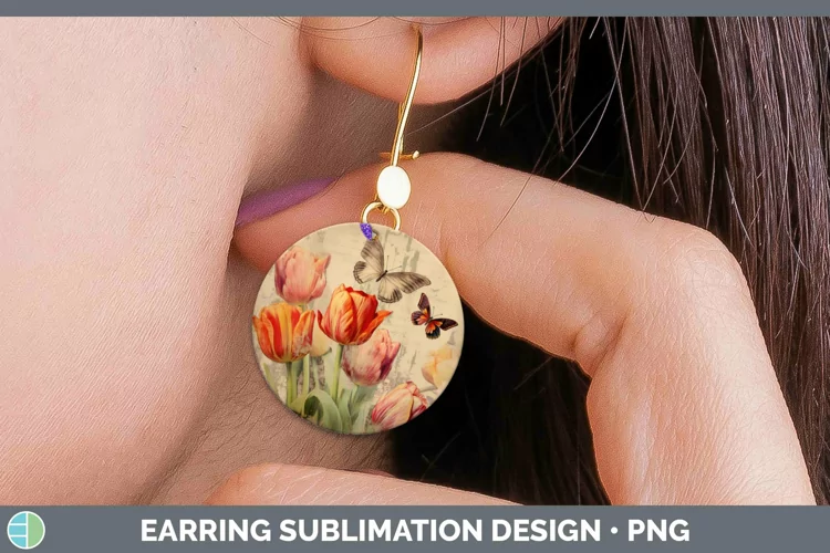 Vintage Decoupage Tulip Round Earrings Sublimation Earrings