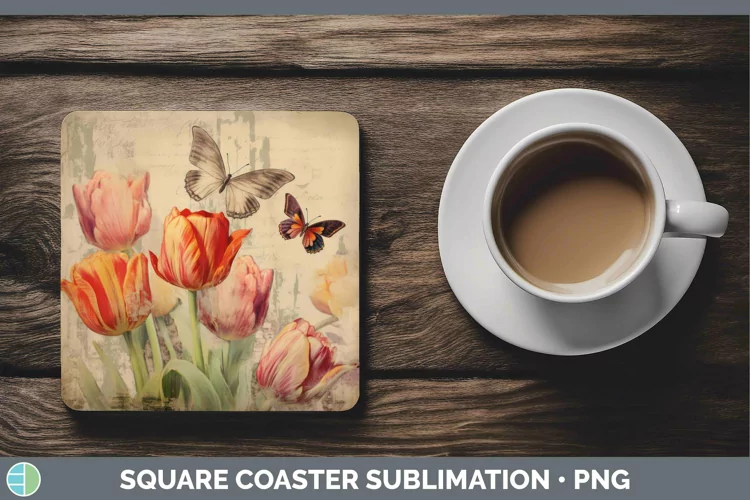 Vintage Decoupage Tulip Square Coaster Sublimation Coaster D
