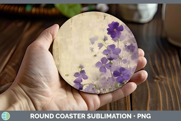 Vintage Decoupage Violet Round Coaster | Sublimation Coaster