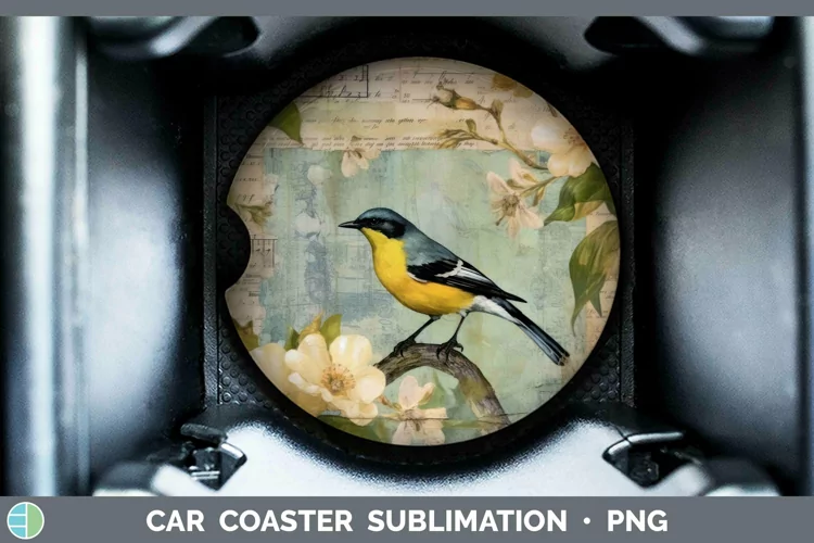 Vintage Decoupage Warbler Car Coaster | Sublimation Coaster