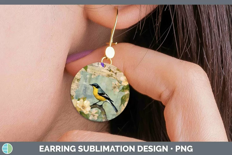Vintage Decoupage Warbler Round Earrings | Sublimation Earri