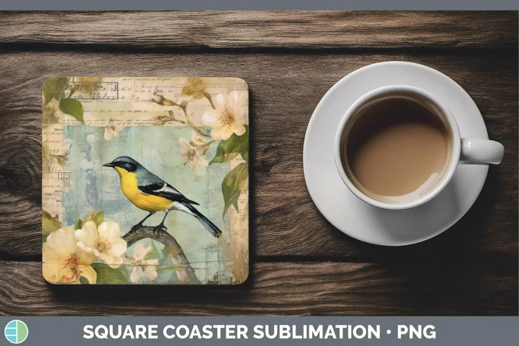 Vintage Decoupage Warbler Square Coaster Sublimation Coaster