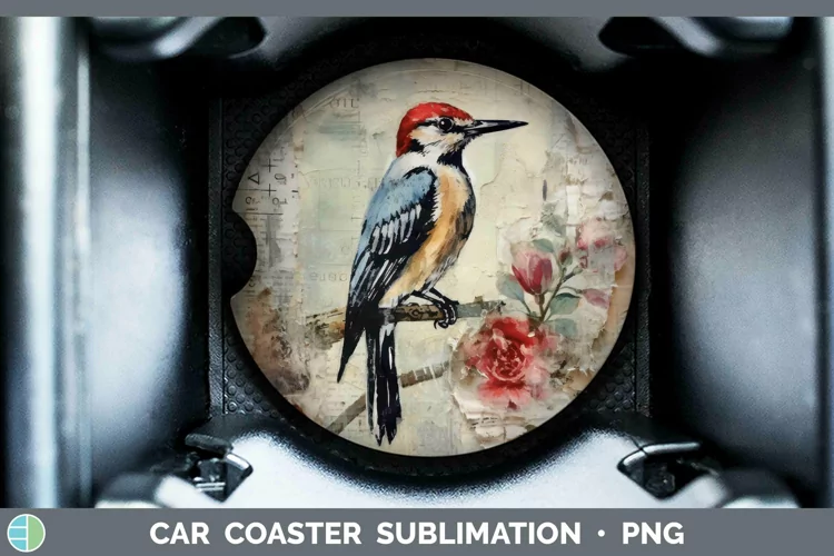 Vintage Decoupage Woodpecker Car Coaster Sublimation Coaster