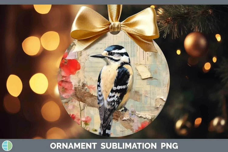 Vintage Decoupage Woodpecker Downy Ornament | Sublimation Ba