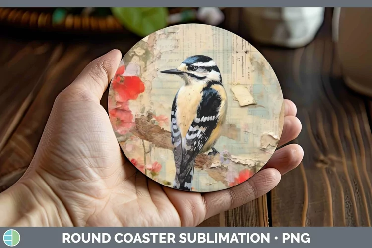 Vintage Decoupage Woodpecker Downy Round Coaster | Sublimati