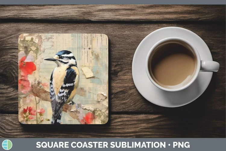 Vintage Decoupage Woodpecker Downy Square Coaster | Sublimat