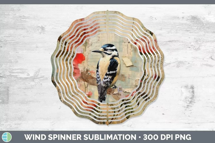 Vintage Decoupage Woodpecker Downy Wind Spinner Sublimation