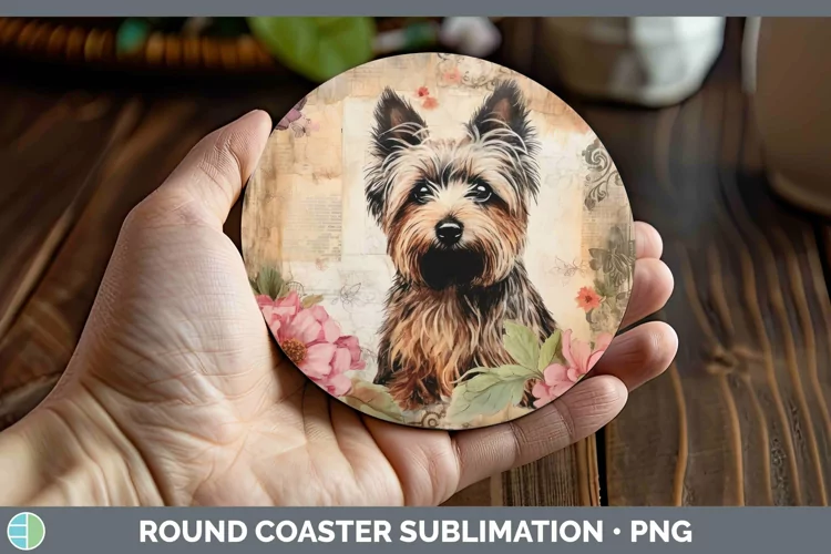 Vintage Decoupage Yorkshire Terrier Round Coaster Sublimatio