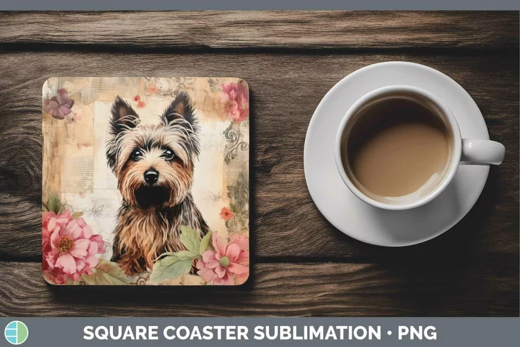 Vintage Decoupage Yorkshire Terrier Square Coaster Sublimati