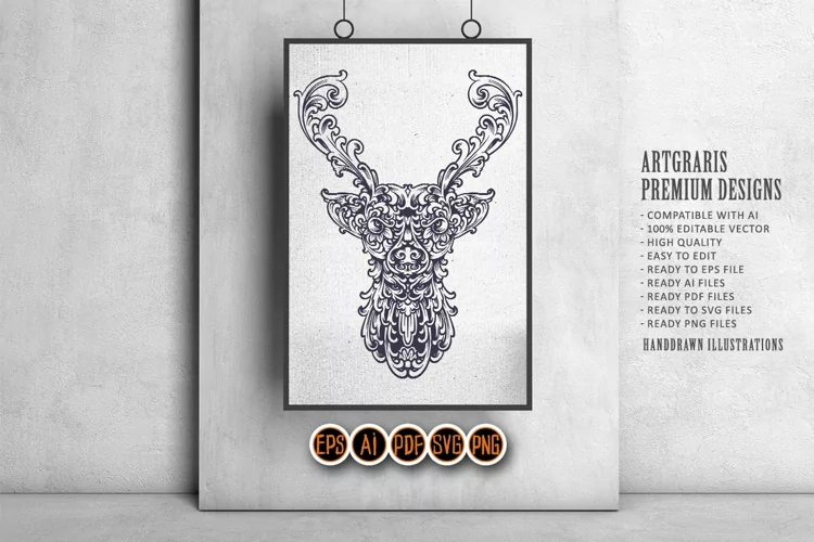 Vintage Deer head silhouette luxury ornament svg