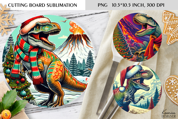 Christmas Vintage Dinosaur Round Cutting Board Sublimation