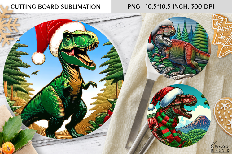 Christmas Vintage Dinosaur Round Cutting Board Sublimation