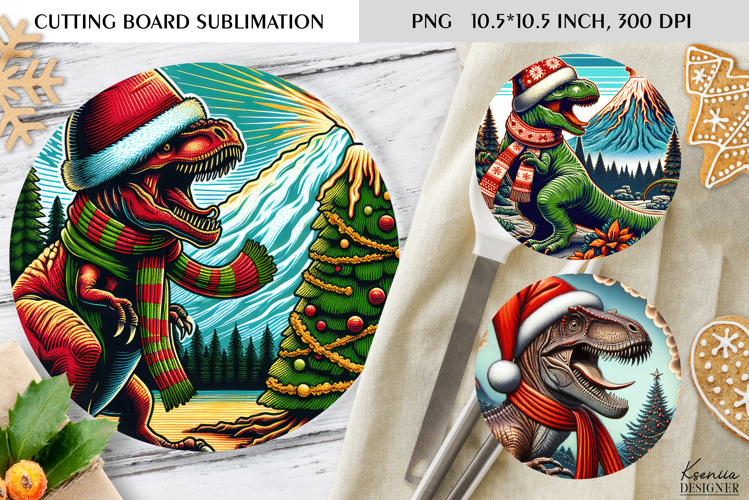Christmas Vintage Dinosaur Round Cutting Board Sublimation