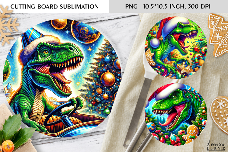 Christmas Vintage Dinosaur Round Cutting Board Sublimation