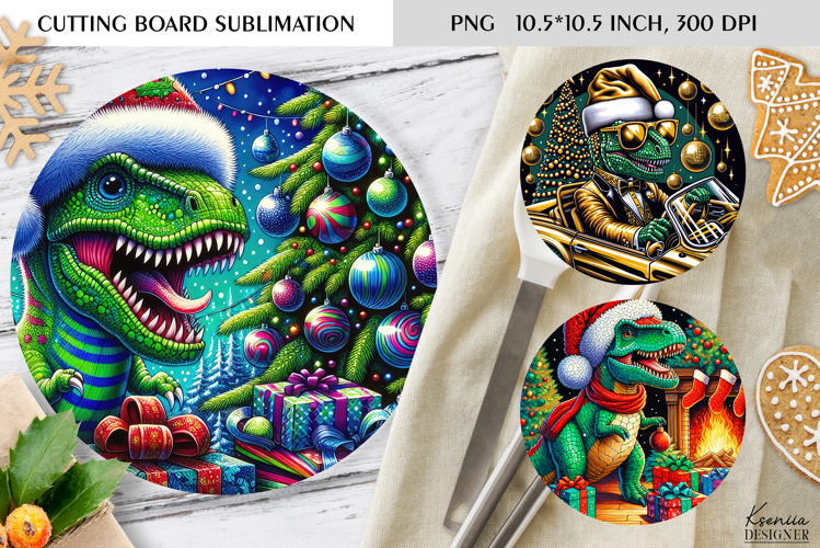 Christmas Vintage Dinosaur Round Cutting Board Sublimation