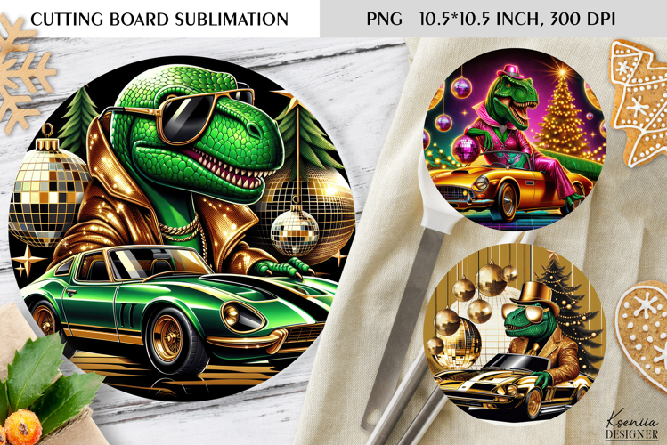 Christmas Vintage Dinosaur Round Cutting Board Sublimation