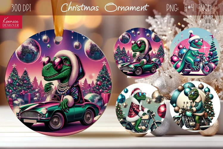 Disco Christmas Dinosaur| Retro Round Ornament Design