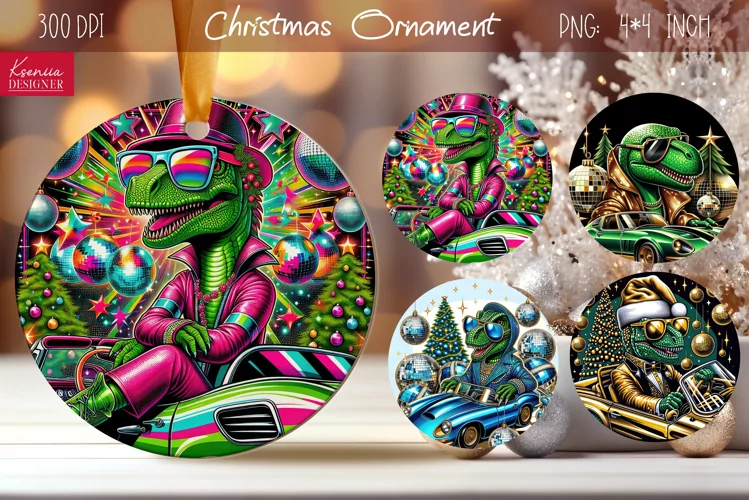 Disco Christmas Dinosaur| Retro Round Ornament Design