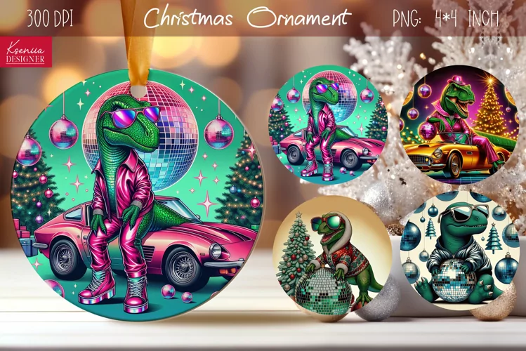 Disco Christmas Dinosaur| Retro Round Ornament Design