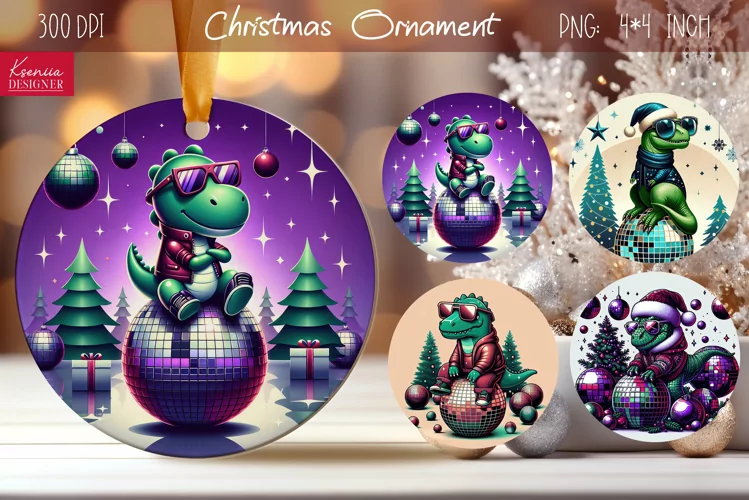 Disco Christmas Dinosaur| Retro Round Ornament Design