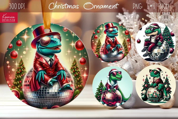 Disco Christmas Dinosaur| Retro Round Ornament Design