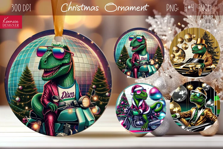 Disco Christmas Dinosaur| Retro Round Ornament Design