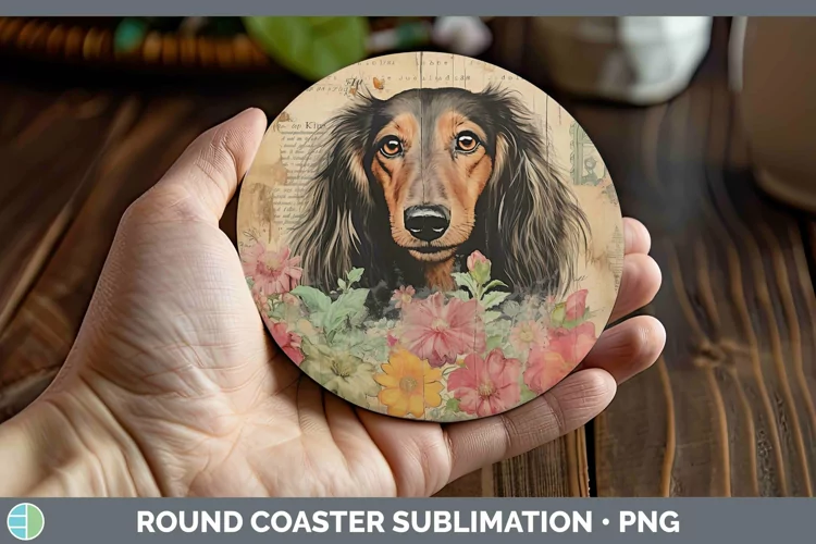 Vintage Dogs Long-haired Dachshund Round Coaster Sublimation