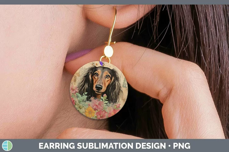 Vintage Dogs Long-haired Dachshund Round Earrings Sublimatio