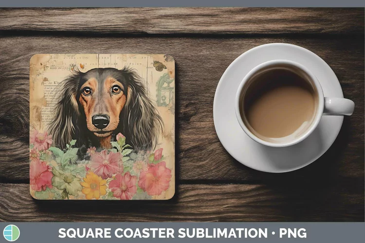 Vintage Dogs Long-haired Dachshund Square Coaster Sublimatio