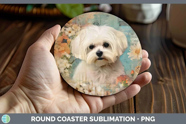 Vintage Dogs Maltese Round Coaster Sublimation Coaster Desig