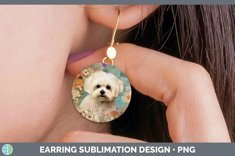 Vintage Dogs Maltese Round Earrings Sublimation Earrings Des