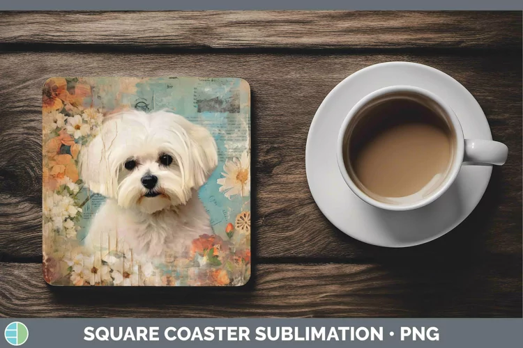 Vintage Dogs Maltese Square Coaster Sublimation Coaster Desi