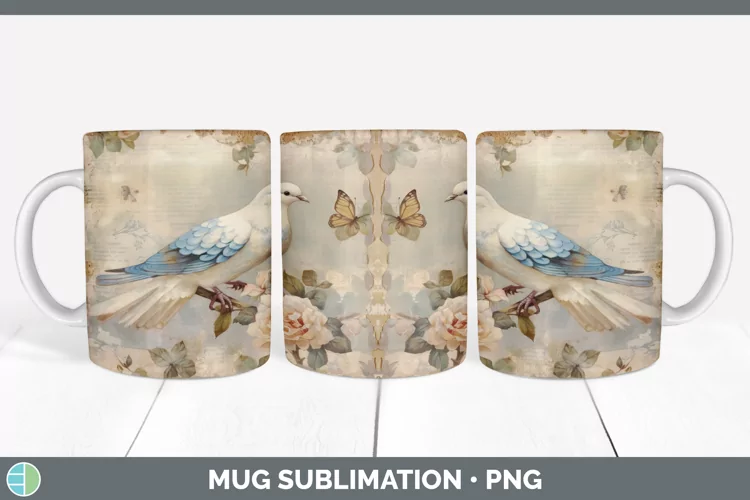 Vintage Dove Birds Mug Wrap | Sublimation Coffee Cup Designs