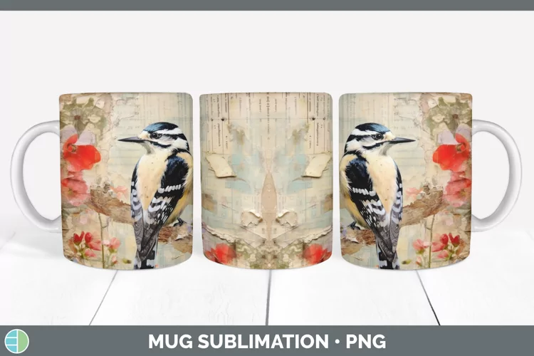 Vintage Downy Woodpecker Bird Mug Wrap | Sublimation Coffee