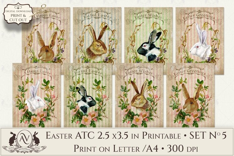 Easter Greeting ATC Printable Vintage Easter Bunny Set 5