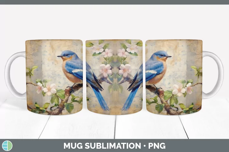 Vintage Eastern Bluebird Bird Mug Wrap | Sublimation Coffee