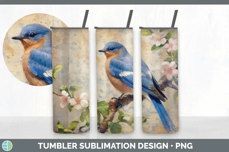 Vintage Eastern Bluebird Bird Tumbler | Sublimation 20 oz Sk