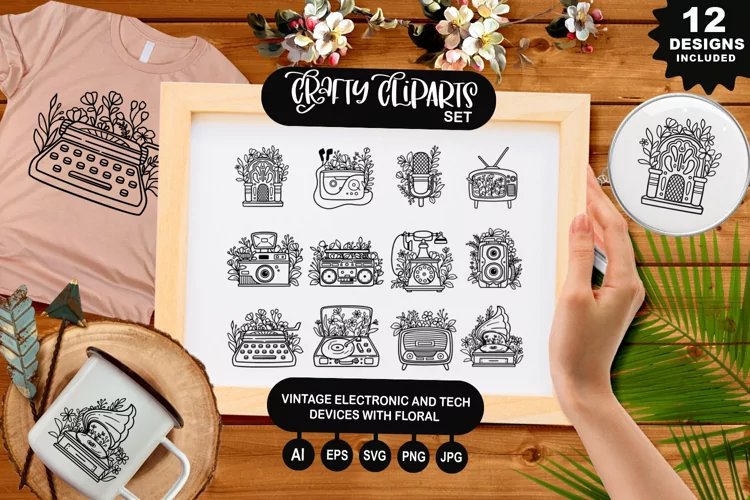 Vintage Electronic And Tech Devices With Floral Clipart Set