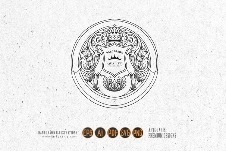 Vintage elegant crown badge label swirl monochrome