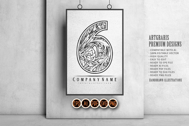 Vintage elegant flourish number 6 monogram logo monochrome