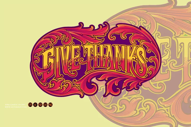 Vintage elegant give thanks lettering word swirl floral SVG