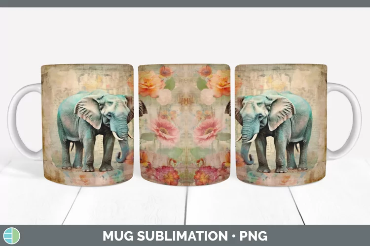 Vintage Elephant Mug Wrap | Sublimation Coffee Cup Designs