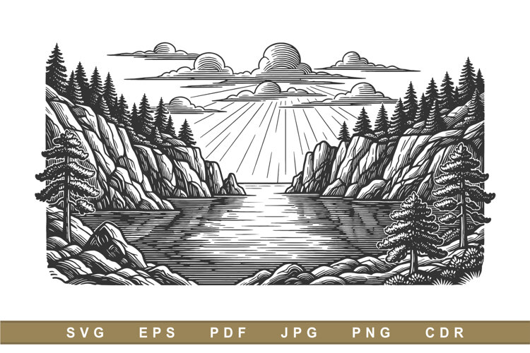 Vintage Engraved Fjord Landscape with Rocky Cliffs and Pine example image 1