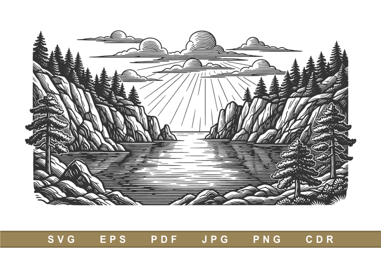 Vintage Engraved Fjord Landscape with Rocky Cliffs and Pine