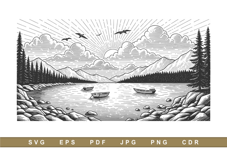 Vintage Engraved Landscape Illustration with Lake Mountains example image 1