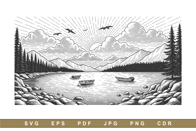 Vintage Engraved Landscape Illustration with Lake Mountains